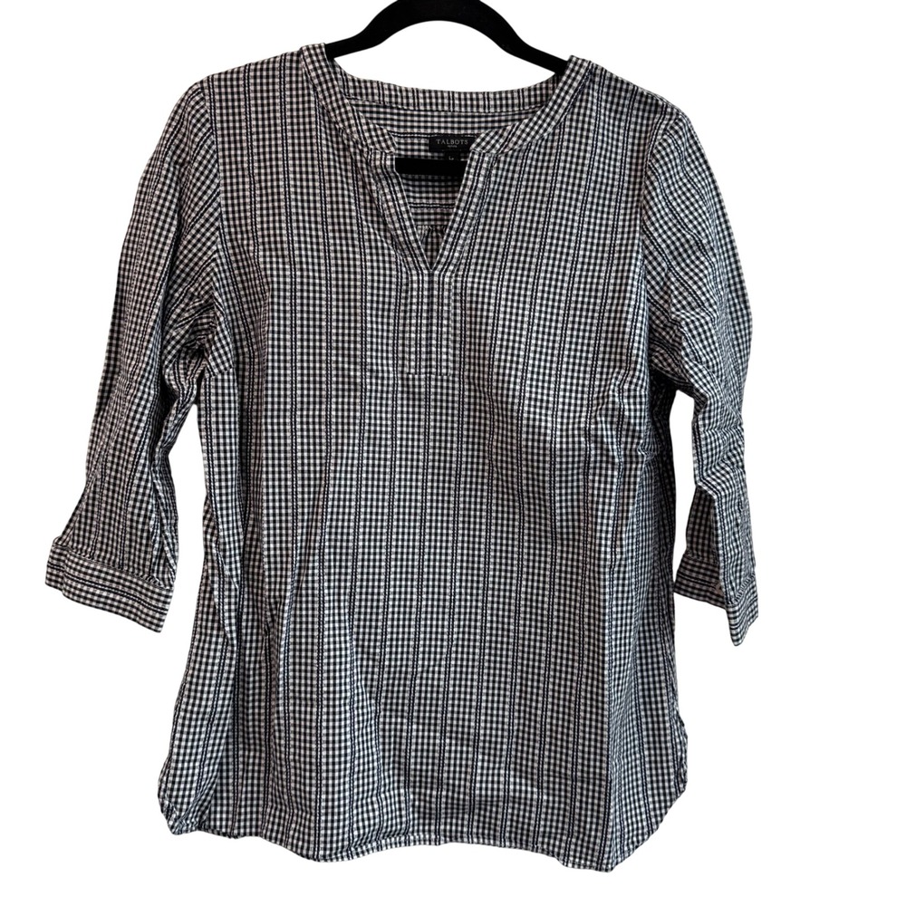 Talbots Petite Black‎ White Gingham Check Split Neck Tunic Top Women's LP